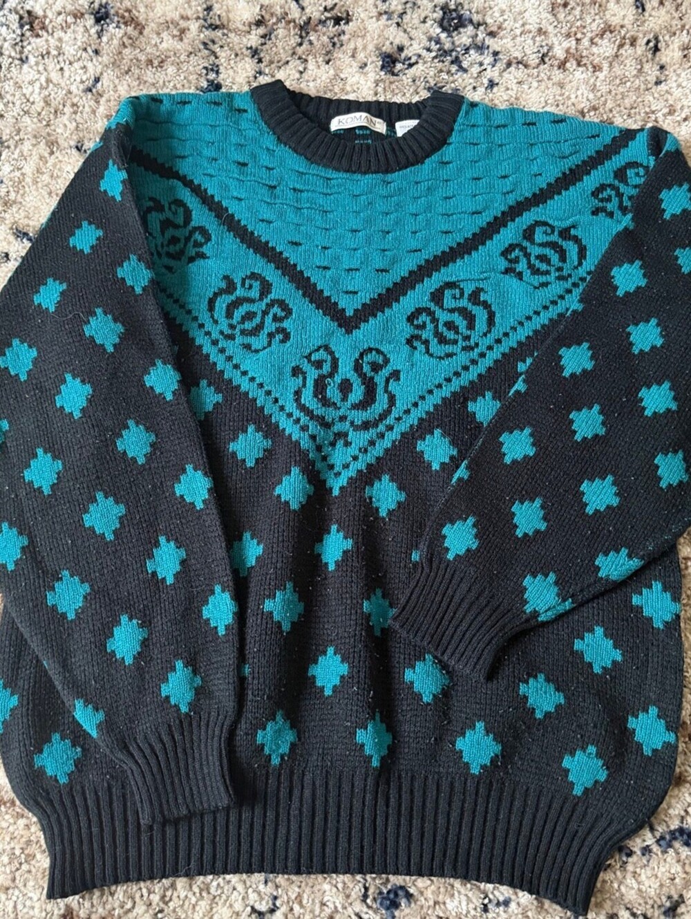 KOMAN Black Teal Geometric Crewneck Pullover Sweater Womens M